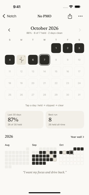 A month wall in Notch: most days inked, one cracked
